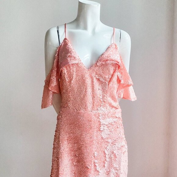 A.B.S Alan Shwartz Peach Pink All Sequin Off The Shoulder MAxi Gown 10 - Picture 2 of 7